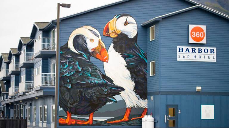 Puffin mural on Harbor 360 Hotel